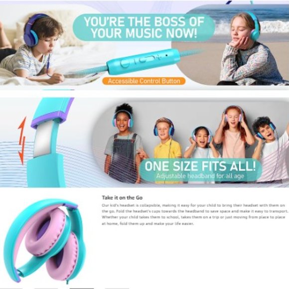 Kids Headphones - Wired - Stereo - Safe Volume Limit/Control - Microphone - Picture 10 of 12